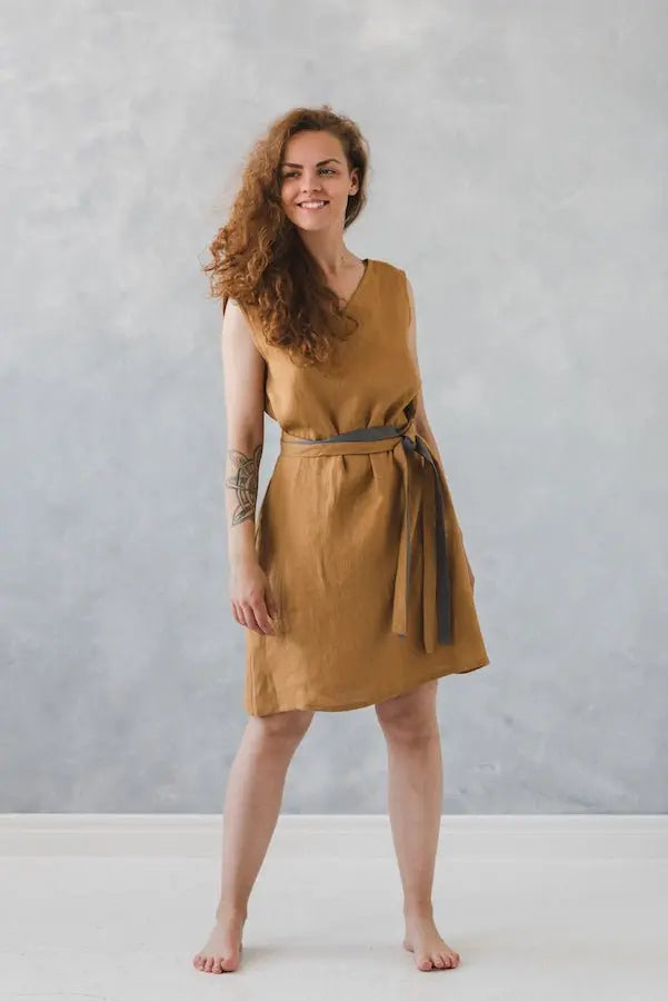 READY TO SHIP Linen Dress with Tie Belts - Epic Linen luxury linen