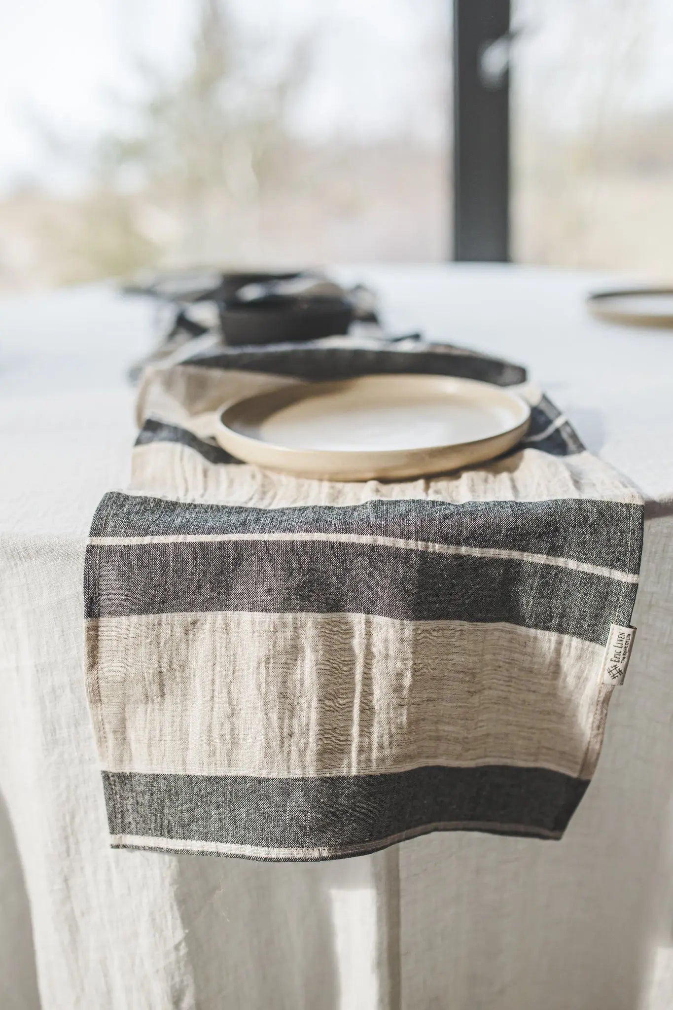 Striped Natural Gray Soft Linen Table Runner - Epic Linen luxury linen